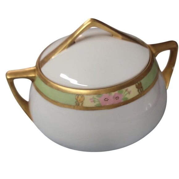 Q&EG Royal Austria Large Lidded Bowl Gold Trim Green Floral 4"T Double Handled - Picture 2 of 14